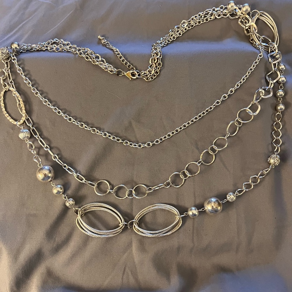 Elegant SilverTone Multi Strand Chain Necklace 28”+